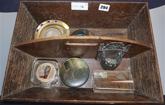 A Victorian oak cutlery tray, a horseshoe desk timepiece, two papier mache snuff boxes etc tray 39 x 29 x 9cm